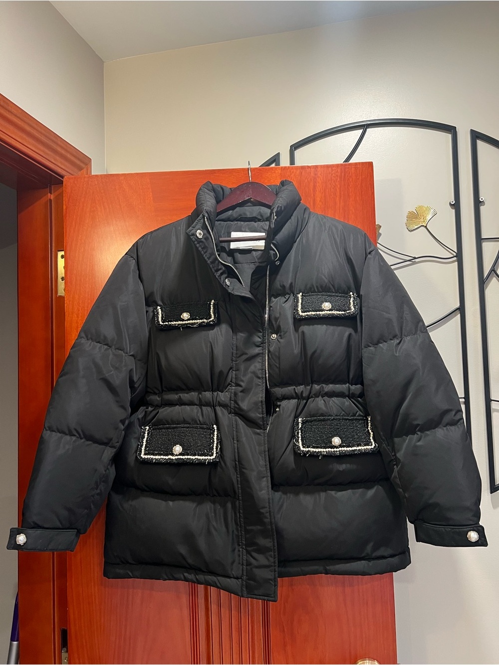 Black Quilted Puffer Jacket with Decorative Pocket Trim